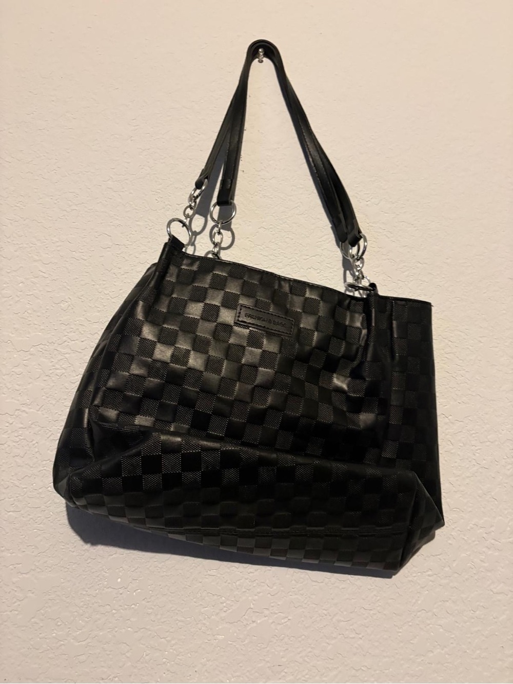 Black Checker Tote Bag with Double Straps